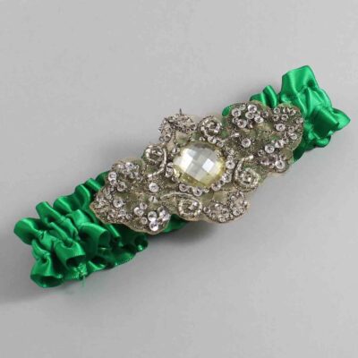 Emerald Green Satin with Brown Wedding Garter / Green Wedding Garters / Bijou # (684-684)-01-A01-Antique
