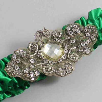 Emerald Green Satin with Brown Wedding Garter / Green Wedding Garters / Bijou # (684-684)-01-A01-Antique