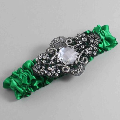 Emerald Green Satin with Black Wedding Garter / Green Wedding Garters / Bijou # (684-684)-01-A02-Black