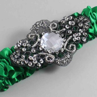 Emerald Green Satin with Black Wedding Garter / Green Wedding Garters / Bijou # (684-684)-01-A02-Black