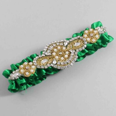 Emerald Green Satin with Gold Wedding Garter / Green Wedding Garters / Charlotte # (684-684)-01-A05-Gold