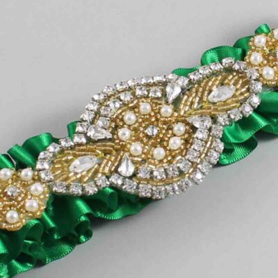Emerald Green Satin with Gold Wedding Garter / Green Wedding Garters / Charlotte # (684-684)-01-A05-Gold