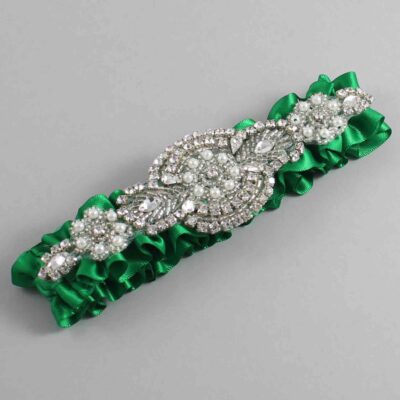 Emerald Green Satin Wedding Garter / Solid Green Wedding Garters / Charlotte # (684-684)-01-A06-Silver