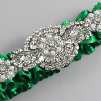 Emerald Green Satin Wedding Garter / Solid Green Wedding Garters / Charlotte # (684-684)-01-A06-Silver