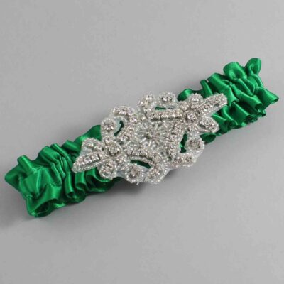 Emerald Green Satin Wedding Garter / Solid Green Wedding Garters / Heather # (684-684)-01-A07-Silver