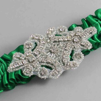 Emerald Green Satin Wedding Garter / Solid Green Wedding Garters / Heather # (684-684)-01-A07-Silver