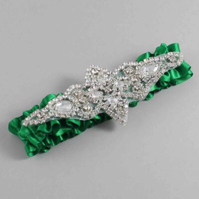 Emerald Green Satin Wedding Garter / Solid Green Wedding Garters / Lorine # (684-684)-01-A09-Silver
