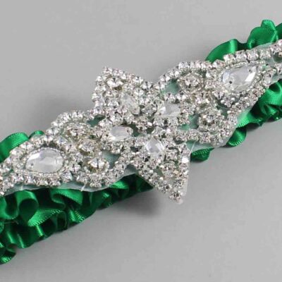 Emerald Green Satin Wedding Garter / Solid Green Wedding Garters / Lorine # (684-684)-01-A09-Silver