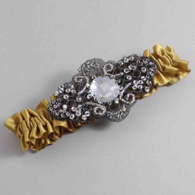 Dijon Satin with Black Wedding Garter / Gold Wedding Garters / Bijou # (687-687)-01-A02-Black