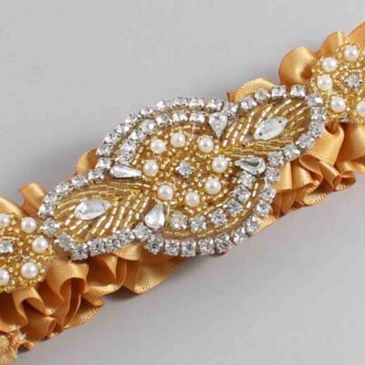 Old Gold Satin with Gold Wedding Garter / Gold Wedding Garters / Charlotte # (690-690)-01-A05-Gold