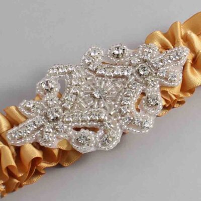 Old Gold Satin Wedding Garter / Solid Gold Wedding Garters / Heather # (690-690)-01-A07-Silver