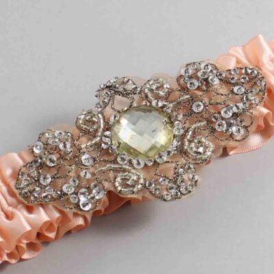 Petal Peach Satin with Brown Wedding Garter / Orange Wedding Garters / Bijou # (714-714)-01-A01-Antique