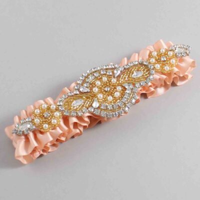 Petal Peach Satin with Gold Wedding Garter / Orange Wedding Garters / Charlotte # (714-714)-01-A05-Gold
