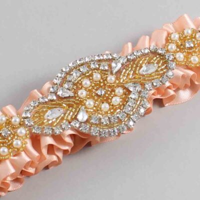 Petal Peach Satin with Gold Wedding Garter / Orange Wedding Garters / Charlotte # (714-714)-01-A05-Gold