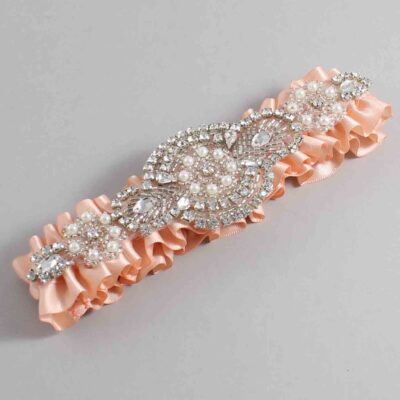 Petal Peach Satin Wedding Garter / Solid Orange Wedding Garters / Charlotte # (714-714)-01-A06-Silver