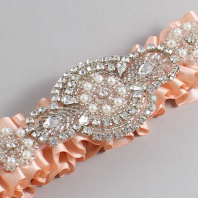 Petal Peach Satin Wedding Garter / Solid Orange Wedding Garters / Charlotte # (714-714)-01-A06-Silver