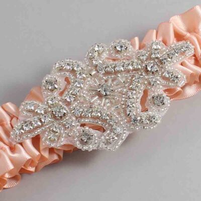 Petal Peach Satin Wedding Garter / Solid Orange Wedding Garters / Heather # (714-714)-01-A07-Silver