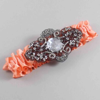 Salmon Satin with Black Wedding Garter / Orange Wedding Garters / Bijou # (720-720)-01-A02-Black