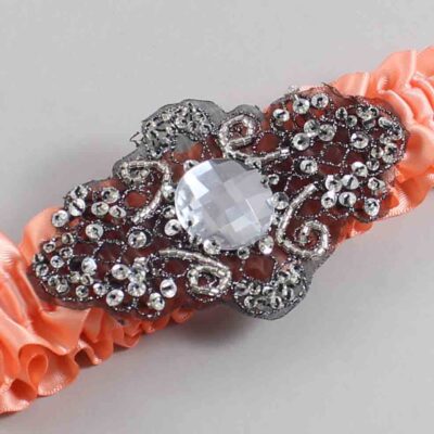 Salmon Satin with Black Wedding Garter / Orange Wedding Garters / Bijou # (720-720)-01-A02-Black