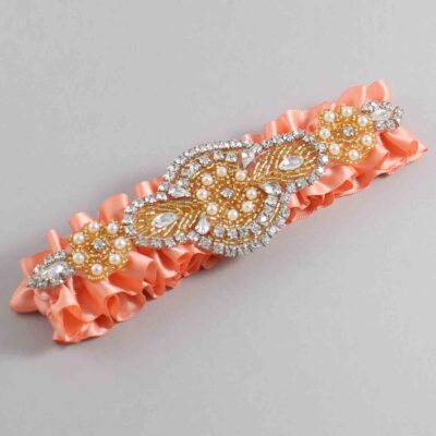 Salmon Satin with Gold Wedding Garter / Orange Wedding Garters / Charlotte # (720-720)-01-A05-Gold