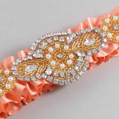 Salmon Satin with Gold Wedding Garter / Orange Wedding Garters / Charlotte # (720-720)-01-A05-Gold