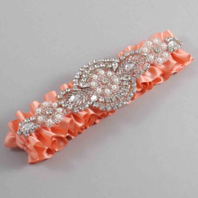 Salmon Satin Wedding Garter / Solid Orange Wedding Garters / Charlotte # (720-720)-01-A06-Silver