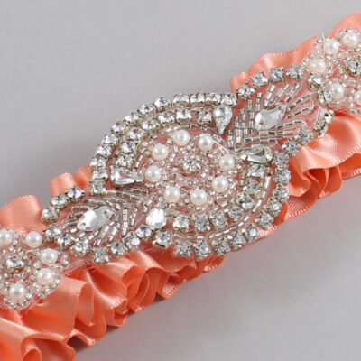 Salmon Satin Wedding Garter / Solid Orange Wedding Garters / Charlotte # (720-720)-01-A06-Silver