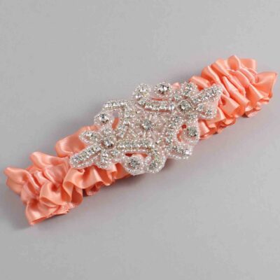 Salmon Satin Wedding Garter / Solid Orange Wedding Garters / Heather # (720-720)-01-A07-Silver