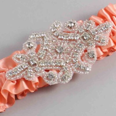 Salmon Satin Wedding Garter / Solid Orange Wedding Garters / Heather # (720-720)-01-A07-Silver