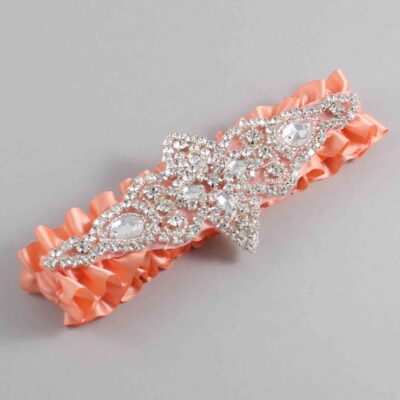Salmon Satin Wedding Garter / Solid Orange Wedding Garters / Lorine # (720-720)-01-A09-Silver