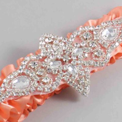 Salmon Satin Wedding Garter / Solid Orange Wedding Garters / Lorine # (720-720)-01-A09-Silver