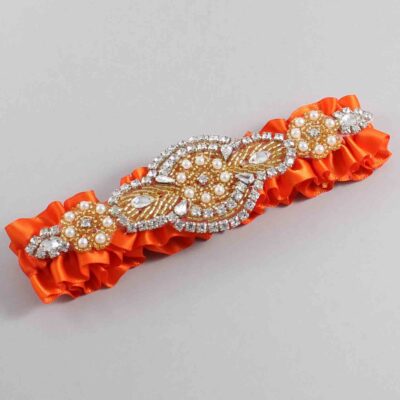 Torrid Orange Satin with Gold Wedding Garter / Orange Wedding Garters / Charlotte # (749-749)-01-A05-Gold