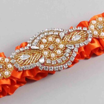 Torrid Orange Satin with Gold Wedding Garter / Orange Wedding Garters / Charlotte # (749-749)-01-A05-Gold