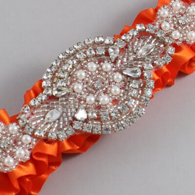 Torrid Orange Satin Wedding Garter / Solid Orange Wedding Garters / Charlotte # (749-749)-01-A06-Silver