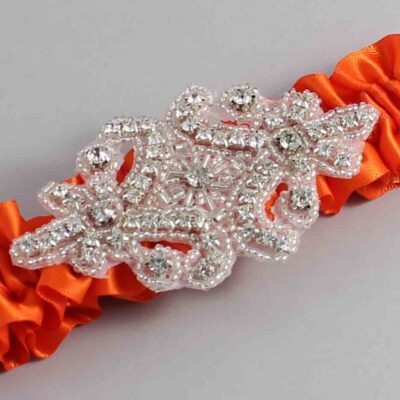 Torrid Orange Satin Wedding Garter / Solid Orange Wedding Garters / Heather # (749-749)-01-A07-Silver