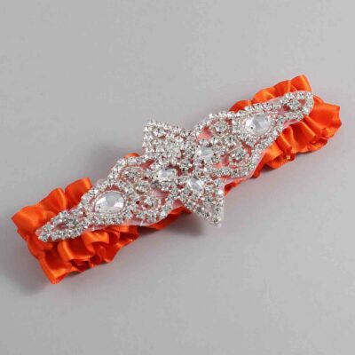 Torrid Orange Satin Wedding Garter / Solid Orange Wedding Garters / Lorine # (749-749)-01-A09-Silver