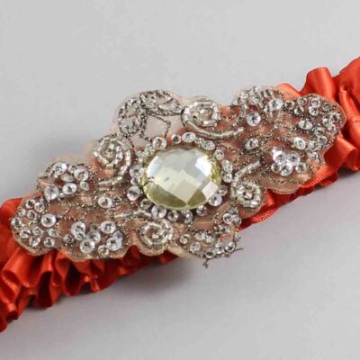 Mandarin Orange Satin with Brown Wedding Garter / Orange Wedding Garters / Bijou # (765-765)-01-A01-Antique