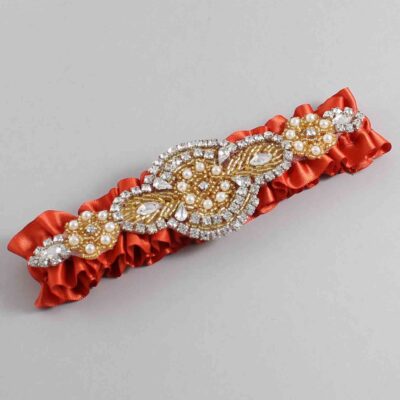 Mandarin Orange Satin with Gold Wedding Garter / Orange Wedding Garters / Charlotte # (765-765)-01-A05-Gold