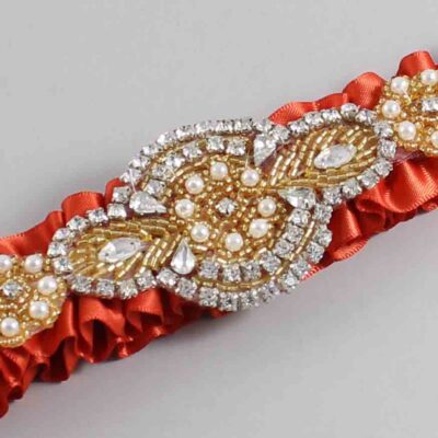 Mandarin Orange Satin with Gold Wedding Garter / Orange Wedding Garters / Charlotte # (765-765)-01-A05-Gold