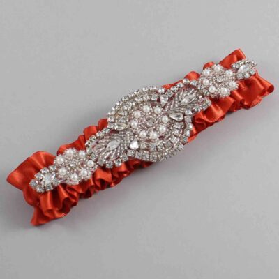 Mandarin Orange Satin Wedding Garter / Solid Orange Wedding Garters / Charlotte # (765-765)-01-A06-Silver