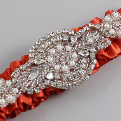 Mandarin Orange Satin Wedding Garter / Solid Orange Wedding Garters / Charlotte # (765-765)-01-A06-Silver