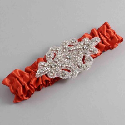 Mandarin Orange Satin Wedding Garter / Solid Orange Wedding Garters / Heather # (765-765)-01-A07-Silver