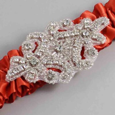 Mandarin Orange Satin Wedding Garter / Solid Orange Wedding Garters / Heather # (765-765)-01-A07-Silver
