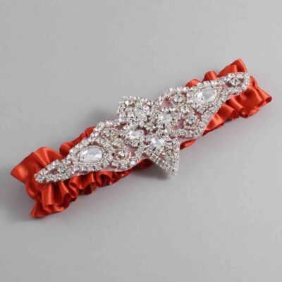 Mandarin Orange Satin Wedding Garter / Solid Orange Wedding Garters / Lorine # (765-765)-01-A09-Silver