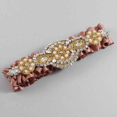 Pecan Brown Satin with Gold Wedding Garter / Brown Wedding Garters / Charlotte # (779-779)-01-A05-Gold