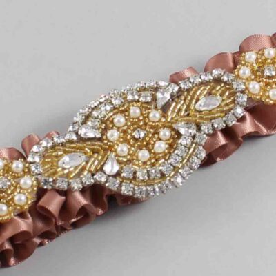 Pecan Brown Satin with Gold Wedding Garter / Brown Wedding Garters / Charlotte # (779-779)-01-A05-Gold