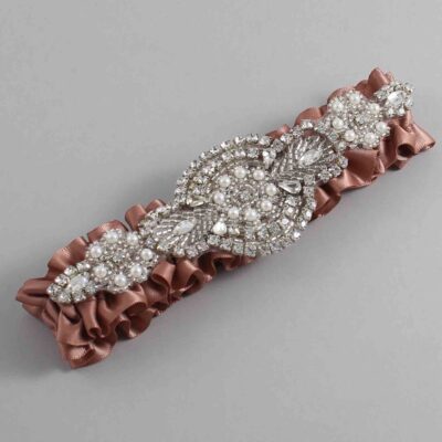 Pecan Brown Satin Wedding Garter / Solid Brown Wedding Garters / Charlotte # (779-779)-01-A06-Silver