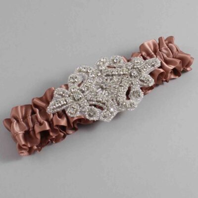 Pecan Brown Satin Wedding Garter / Solid Brown Wedding Garters / Heather # (779-779)-01-A07-Silver