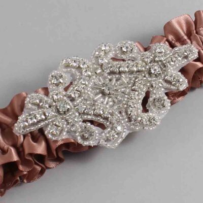 Pecan Brown Satin Wedding Garter / Solid Brown Wedding Garters / Heather # (779-779)-01-A07-Silver