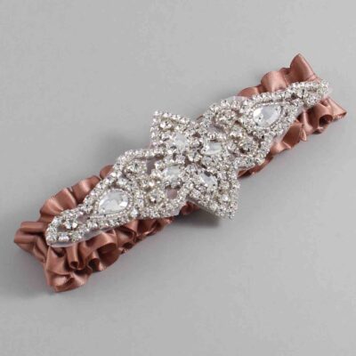 Pecan Brown Satin Wedding Garter / Solid Brown Wedding Garters / Lorine # (779-779)-01-A09-Silver